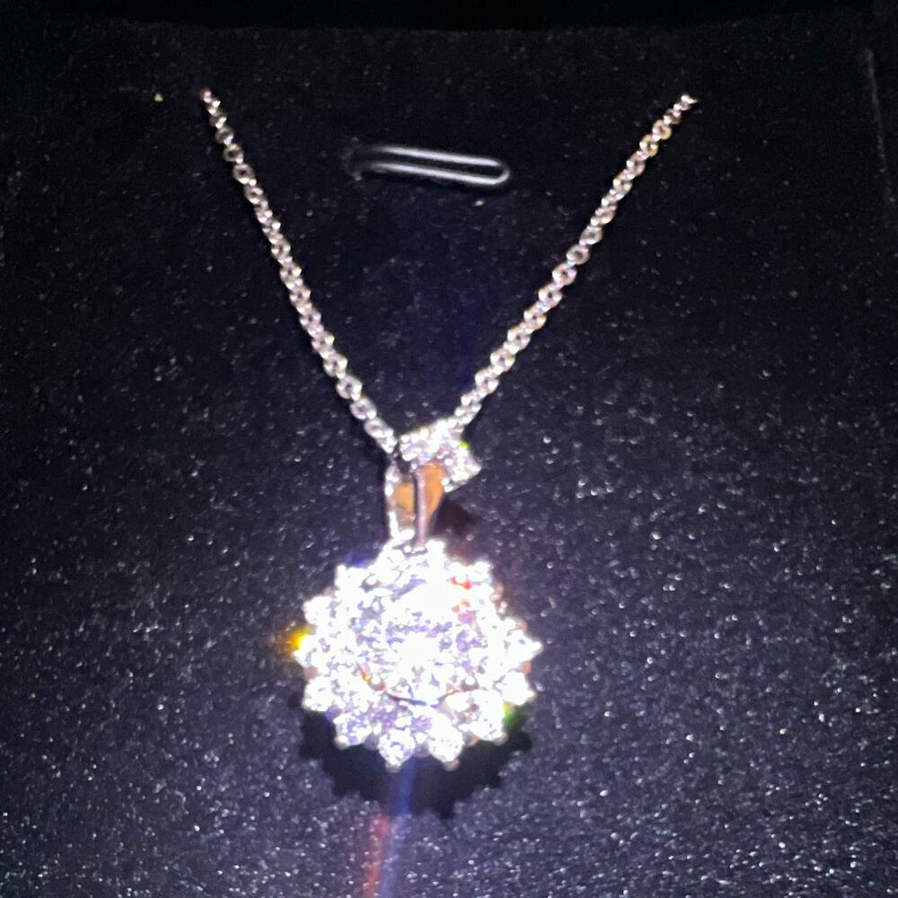 Silver Plated Round White Moissanite Halo Charm Pendant Necklace Cable Chain